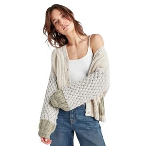 Splendid Oversized Alpaca Blend Chunky Puff Sleeve V-neck Oatmeal Grey Cardigan